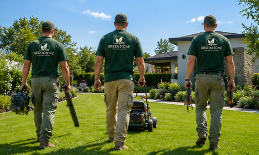 Maintenance team working across a residential lawn