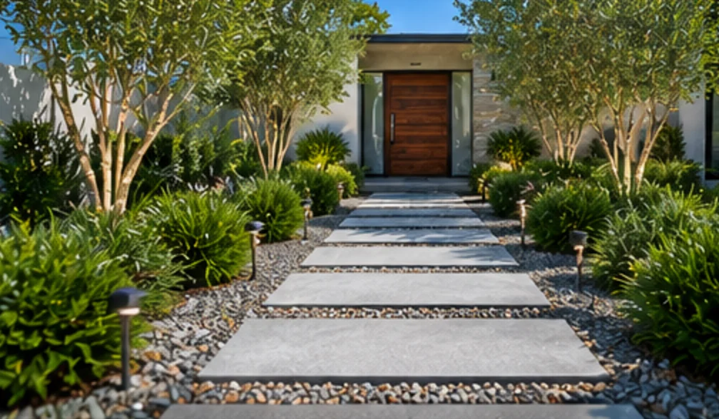 Entrance walkway with pebble edging and lighting