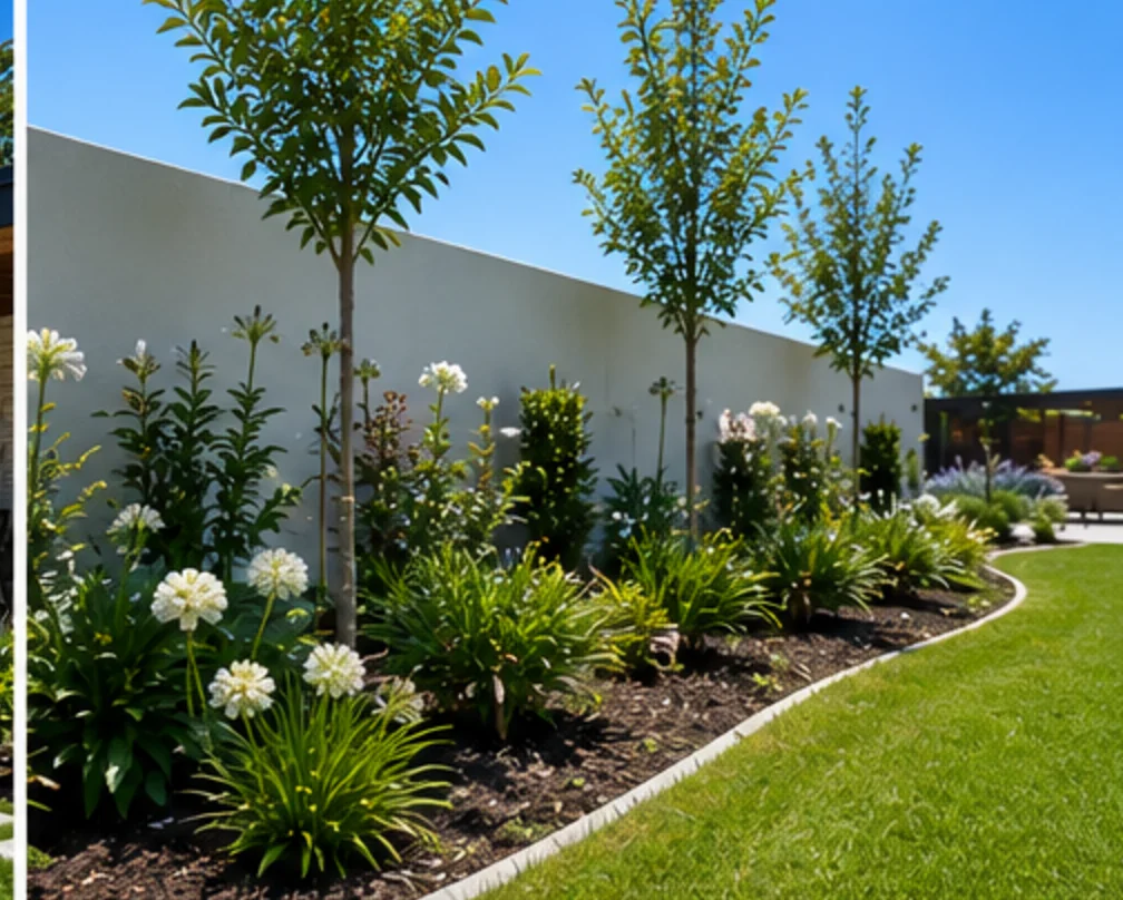 Flowering border against a white boundary wall