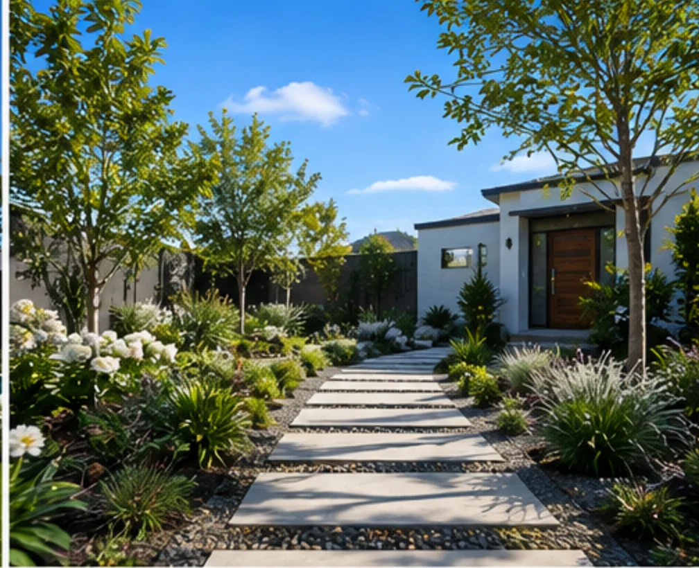 Front garden path with layered planting