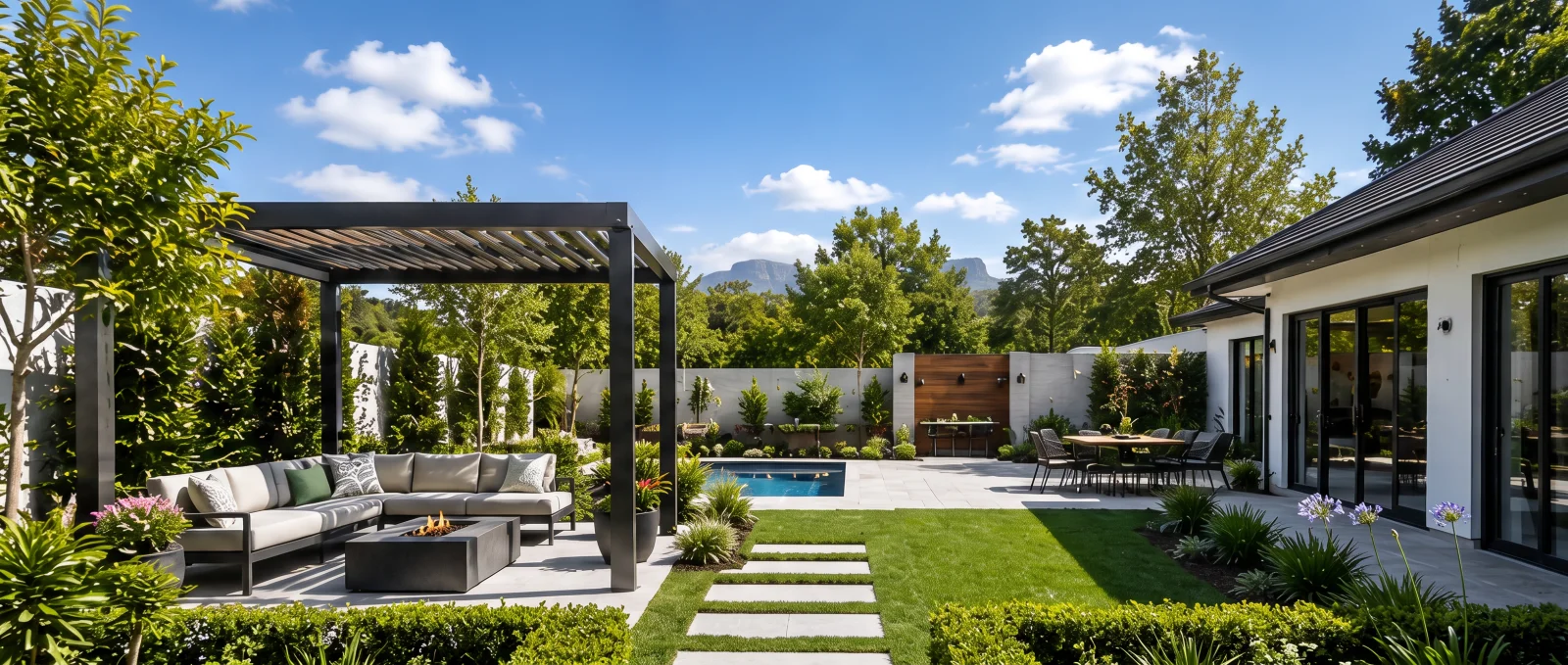 Backyard pool terrace with pergola lounge at dusk