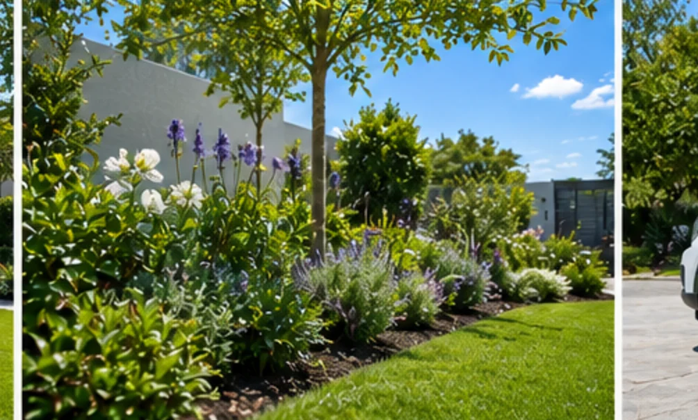 Mixed border of lavender and white flowering shrubs