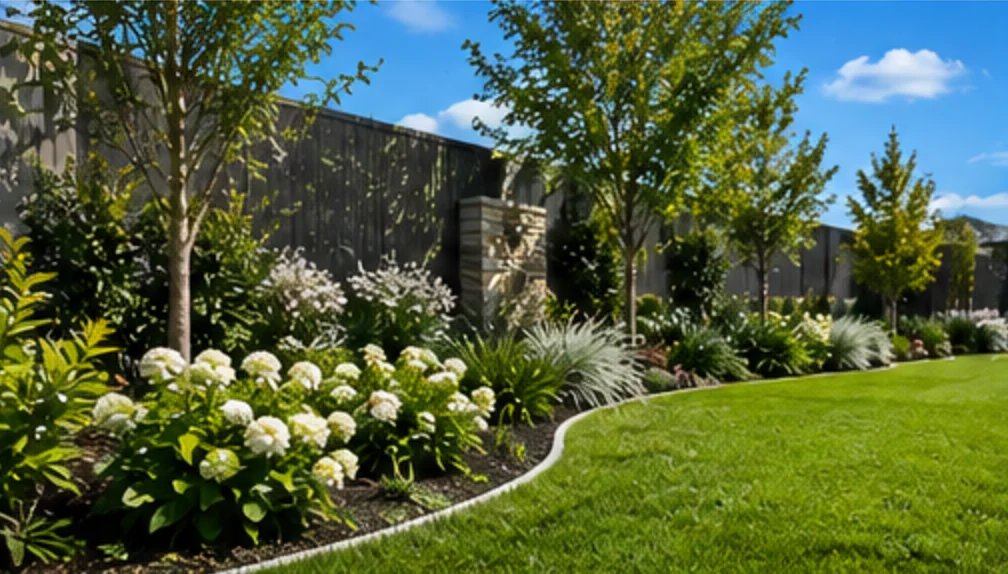 Curved lawn edge with white hydrangeas and grasses