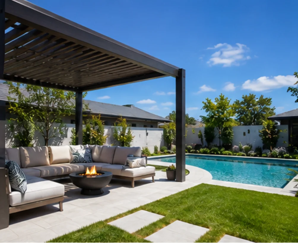 Covered outdoor lounge beside a pool with level lawn