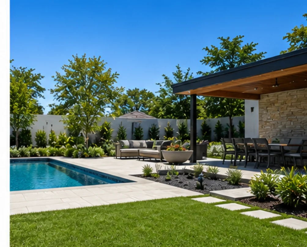 Pool terrace with covered pavilion and dining area