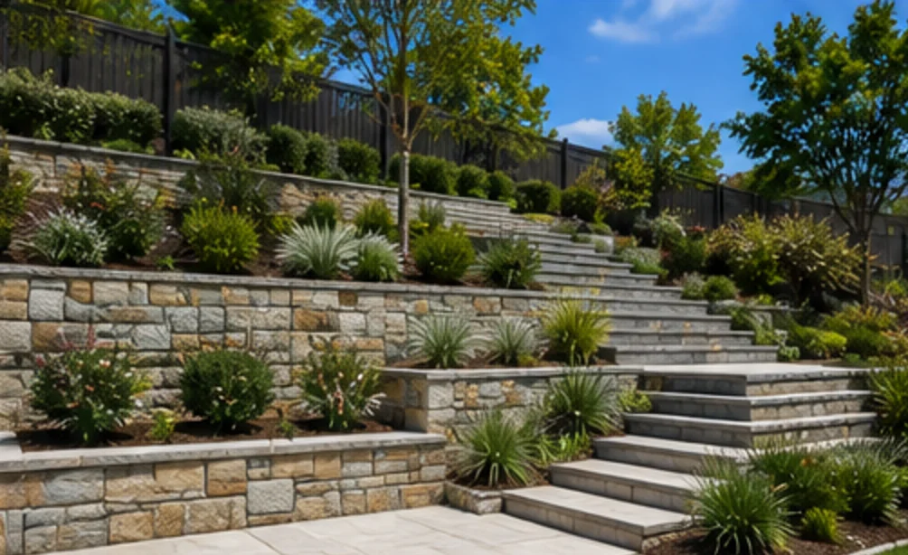 Natural stone retaining wall with stepped garden beds
